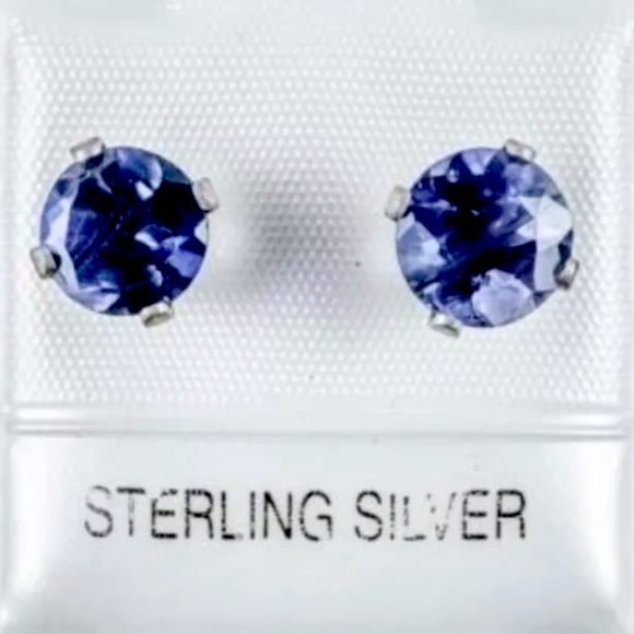 925 Sterling Silver Earrings Round, Studs, Genuine Iolite .84ct - Picture 1 of 1